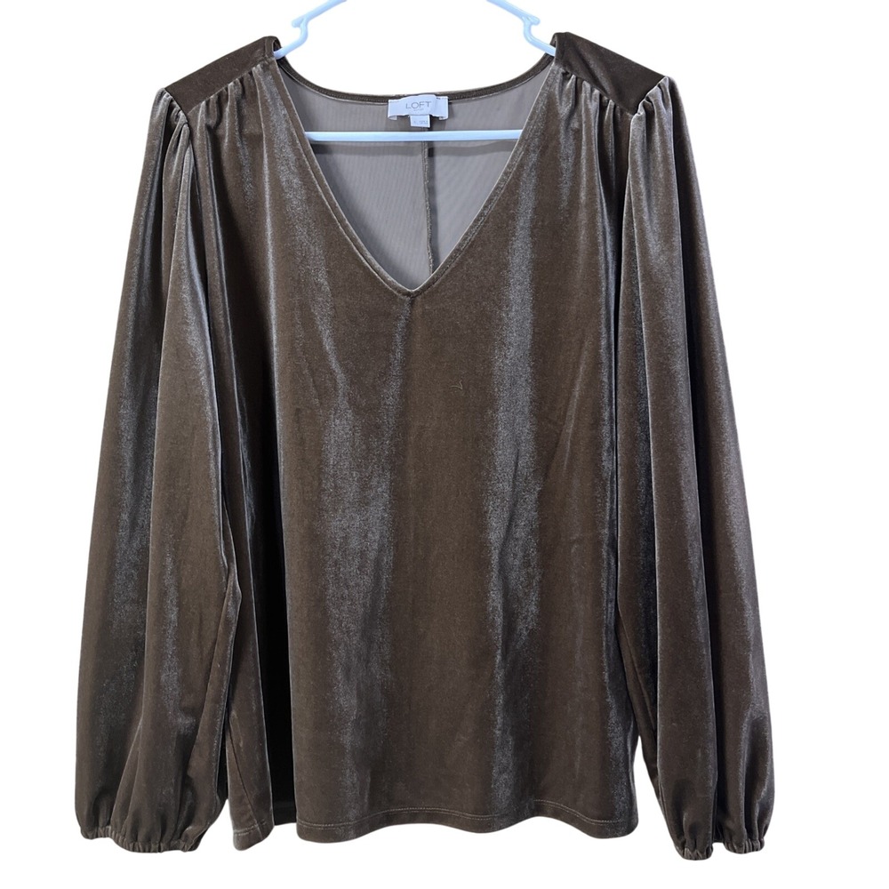 LOFT‎ Outlet Blouse Womens L Taupe Velvet V-Neck Puff Sleeve Balloon Top Elegant